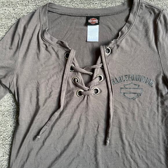 Harley Davidson Women's Lace up Gray Tee Size Small - Picture 3 of 9